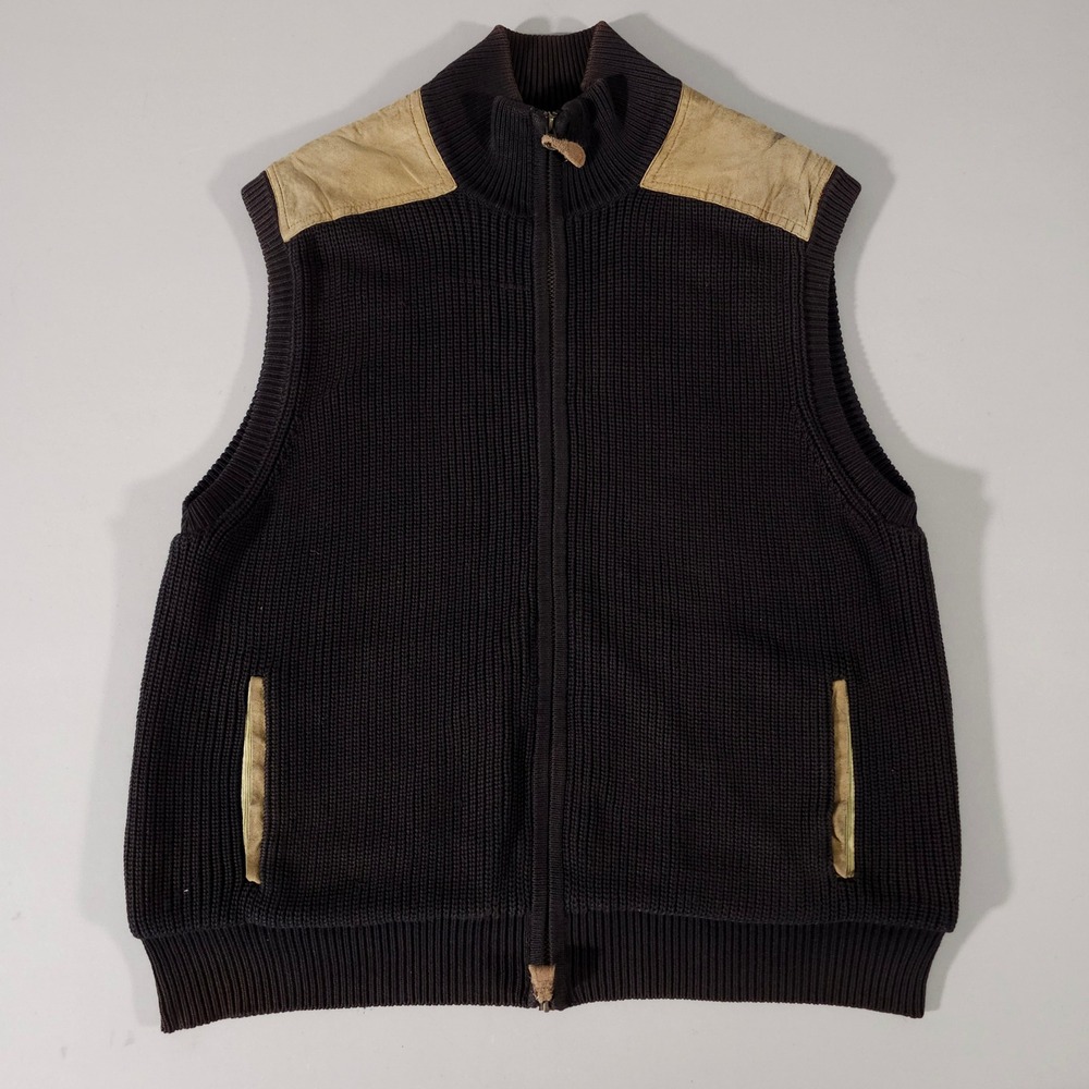 Orvis Sweater Vest Mens L Brown Suede Trim Ribbed Cotton Zip Up Hunting Shooting
